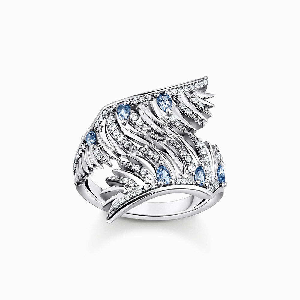Ring Phönix-Flügel mit blauen Steinen silber