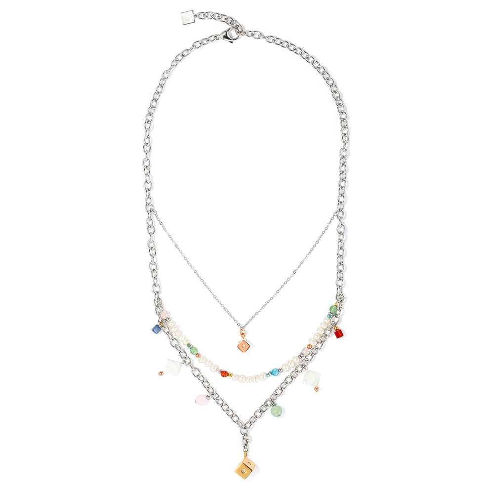 Halskette Boho Süsswasserperlen silber multicolor