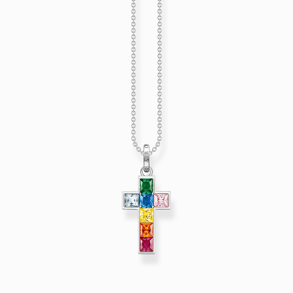 Kette Kreuz mit bunten Steinen Silber