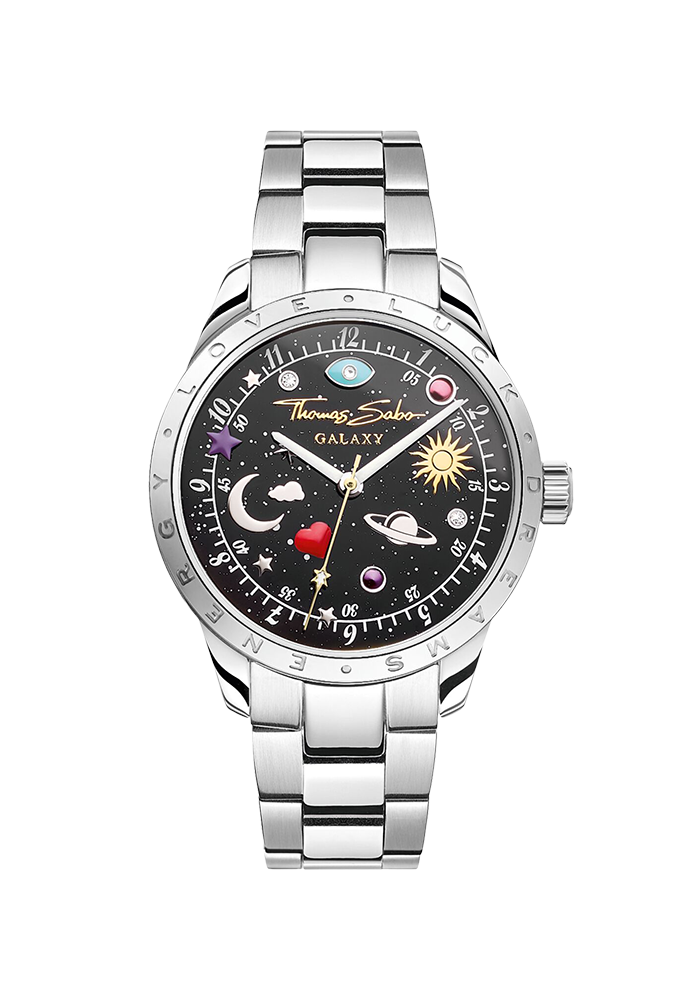 Uhr mit kosmischem Zifferblatt in Schwarz silberfarben